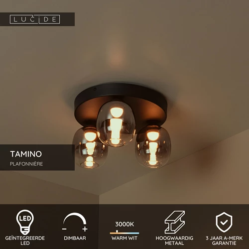 Lucide TAMINO - Plafonnière - LED Dimb. - 3x5,6W 3000K - Zwart - USP